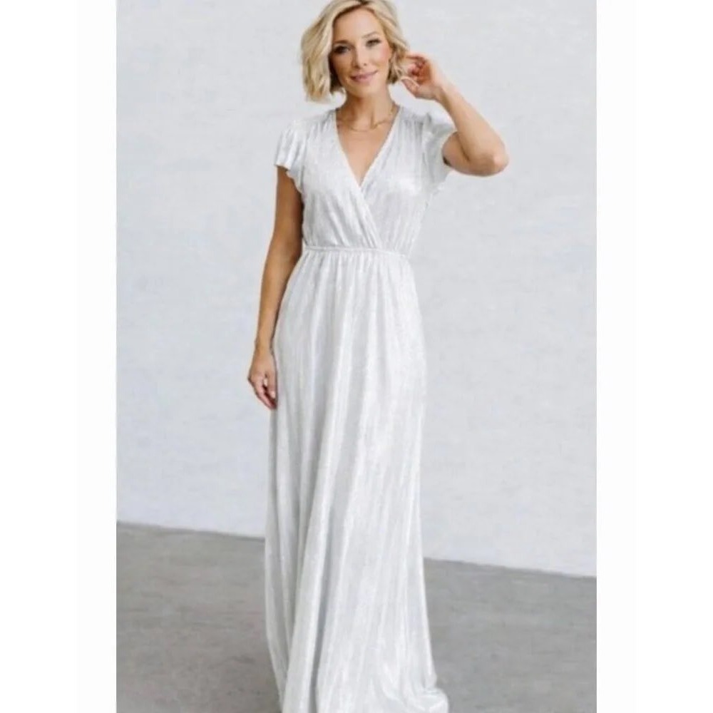 Baltic Born Athena Pleated Maxi Dress V Neck White Silver Shimmer L Gown Wedding